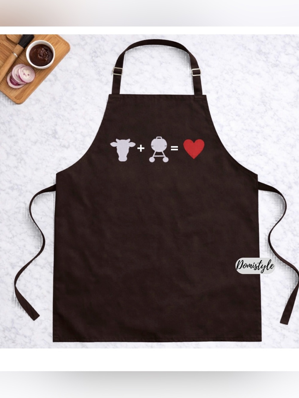 Brown BBQ Apron with Cow + Grill Heart Graphic